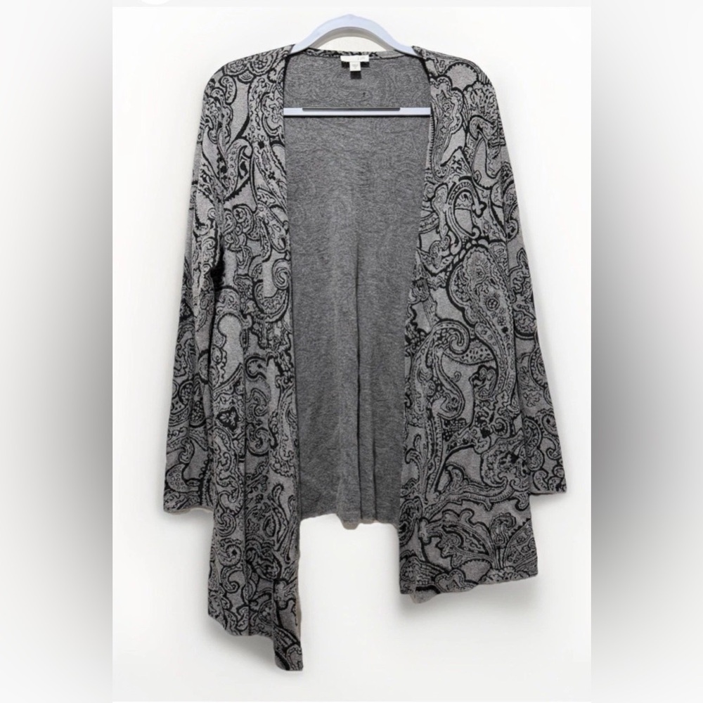 J Jill Open Cardigan Woman Medium Gray Paisley Asymmetric Lagenlook Work Layer